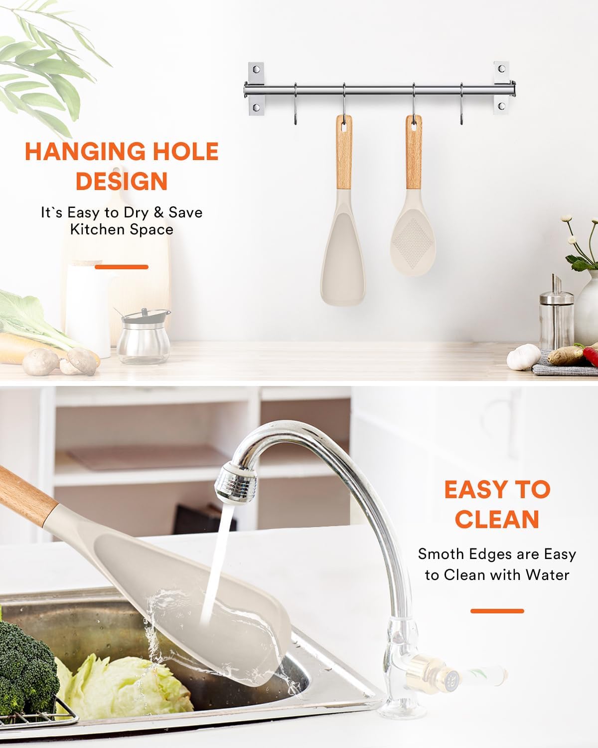 Cooking Spoon and Rice Scooper for Nonstick Cookwares, Great for Cooking and Serving Sturdy BPA-Free Matte Silicone, Wood Handle Spoon for Mixing, Scoop, and Scrape (KHAKI)