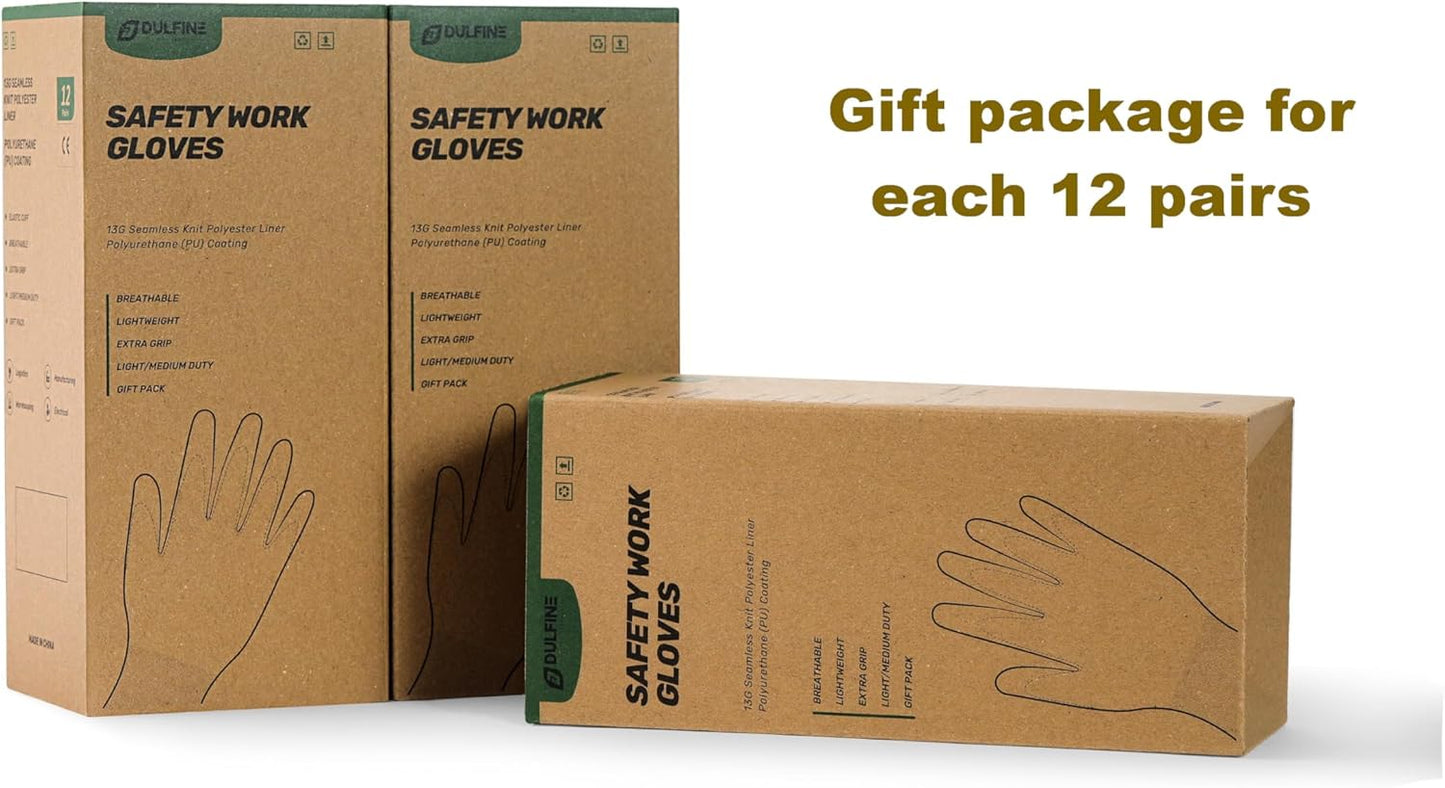 DULFINE Safety Work Gloves for Men PU Coated 12 Pairs Bulk Pack,Hi-Vis Yellow Seamless Knit Glove with thin Polyurethane Coated Smooth Grip on Palm & Fingers,Ideal for General Duty Work (Medium)