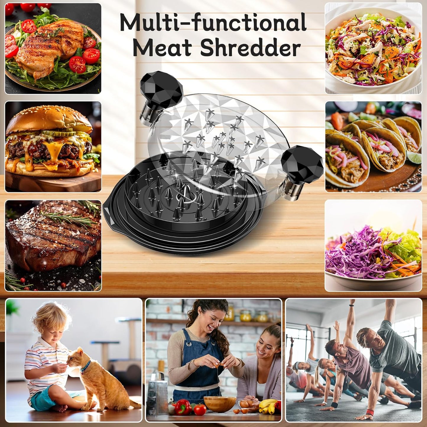 Chicken Shredder Tool Twist Large with Brush, 10" Pro Visible Kitchen Meat Shredder Grinder Machine, Strong Anti-Slip Base, Ergonomic Handle, BPA Free, Suitable for Steak Pork Chicken Breast