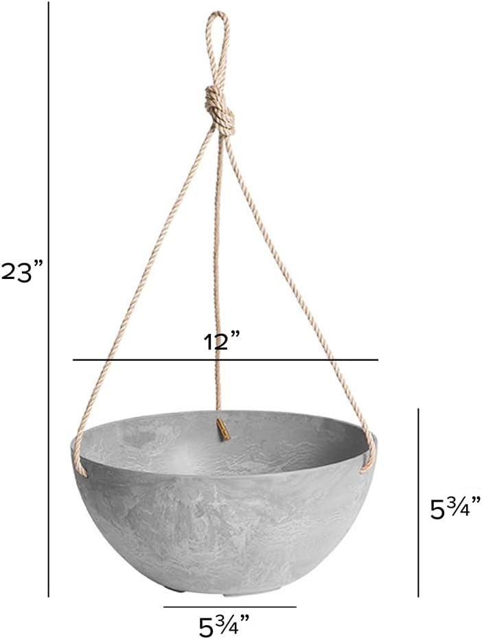 Root & Vessel Self Watering Hanging Planter for Indoor or Outdoor Plants, Unique Marbled Hanging Basket Made of Eco-Friendly Blend of Stone & Plastic, Gray, 12"