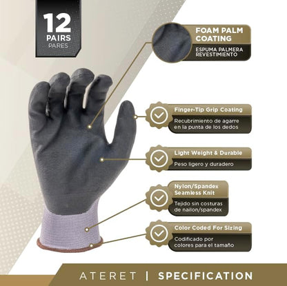ATERET Work Gloves 12 Pairs Micro-Foam Nitrile Coated Safety Gloves, Seamless Knit Nylon Gloves Home Improvement General Use