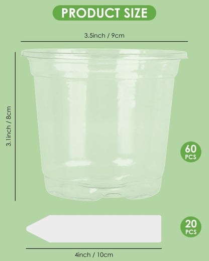PACETAP 60Pack 3.5 Inch Reinforced Clear Nursery Pots with Drainage Holes, Variety Pack Plastic Plant Pots with 20 Plant Labels for Indoor Outdoor Flower Seed Starter