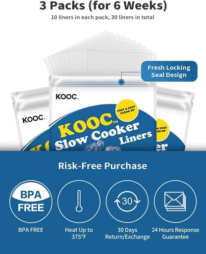 KOOC Slow Cooker Liners 14"x22" 30 Count Extra Large Size Disposable Pot Liners Cooking Bags Fit 6 qt to 10 qt Pot BPA Free Fresh Locking Seal Design