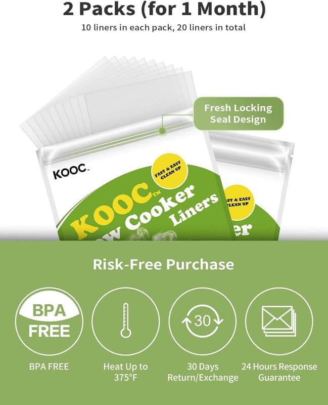 KOOC Slow Cooker Liners 13"x21" 20 Count Large Size Disposable Pot Liners Cooking Bags Fit 3 qt to 8.5 qt Pot BPA Free Fresh Locking Seal Design