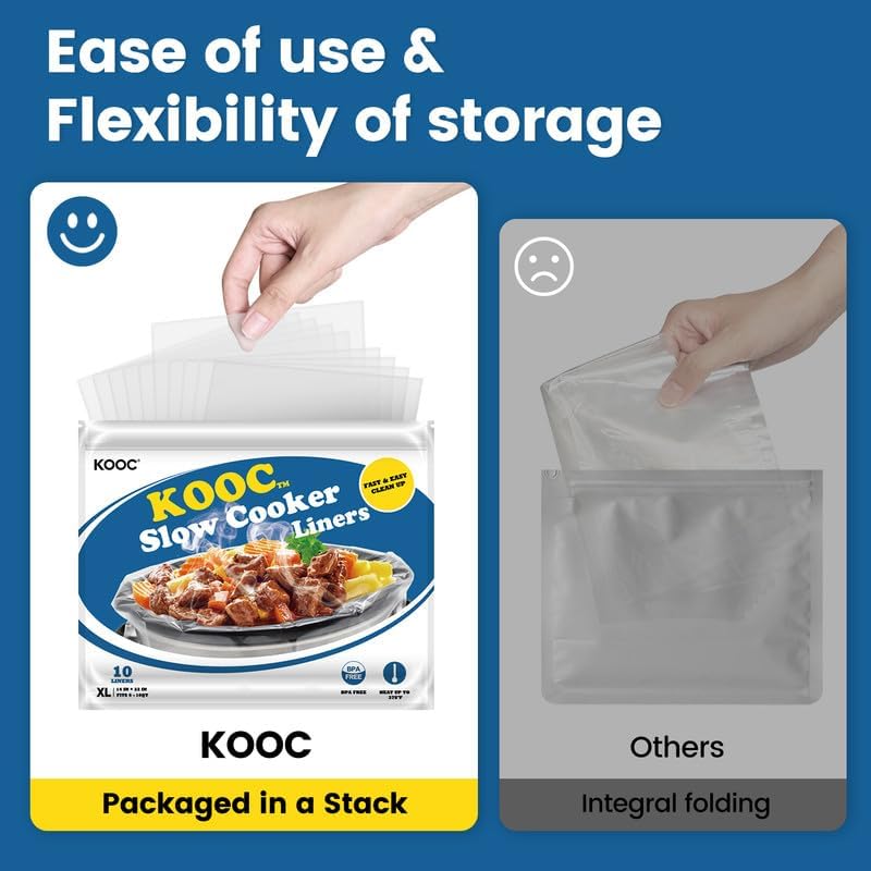 KOOC Slow Cooker Liners 14"x22" 10 Count Extra Large Size Disposable Pot Liners Christmas Cooking Bags Fit 6 qt to 10 qt Pot BPA Free Fresh Locking Seal Design