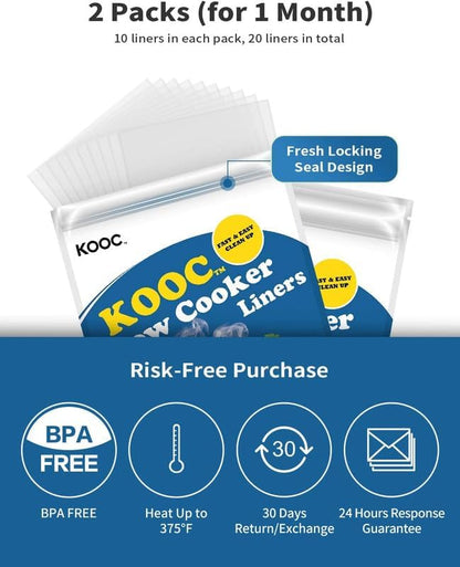 KOOC Slow Cooker Liners 14"x22" 20 Count Extra Large Size Disposable Pot Liners Cooking Bags Fit 6 qt to 10 qt Pot BPA Free Fresh Locking Seal Design
