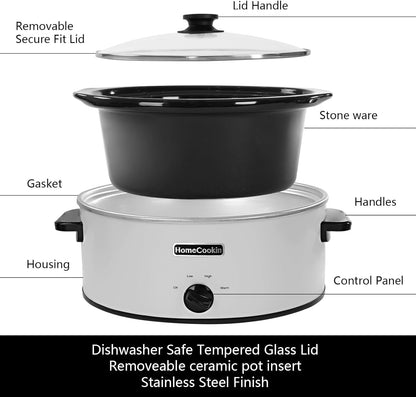 HOMECOOKIN 7 Quart Slow Cooker Oval Manual Pot Food Warmer with 3 Cooking Settings, White Stainless Steel