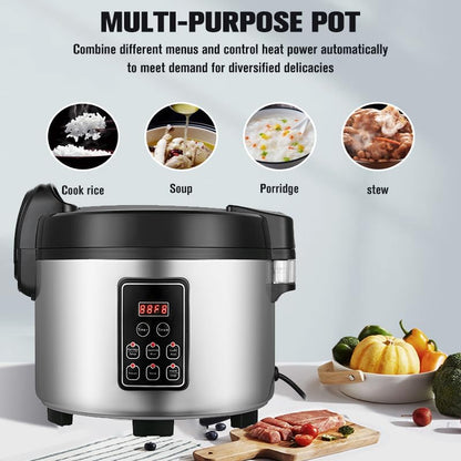 Commercial Rice Cooker 60 CUPS (Cooked Rice)& Food Warmer | 13L/13.8Qt Extra Large Multifunctional Rice Cooker | 1350W Fast Cooking with Time Display & Preset|Restaurant Company Canteen Use