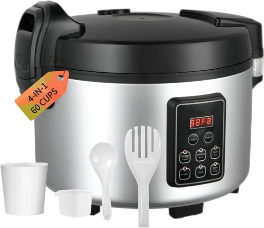 Commercial Rice Cooker 60 CUPS (Cooked Rice)& Food Warmer | 13L/13.8Qt Extra Large Multifunctional Rice Cooker | 1350W Fast Cooking with Time Display & Preset|Restaurant Company Canteen Use