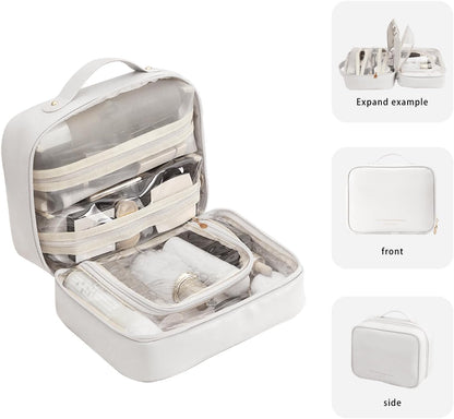 RIGHT AWAY Travel Toiletry Bag for Women, Makeup Bag& Cases, Waterproof Makeup Organizer Cosmetic Bag with Compartments,Portable Make Up Bag for Travel Size Toiletries,Skincare,Brushes Set,White