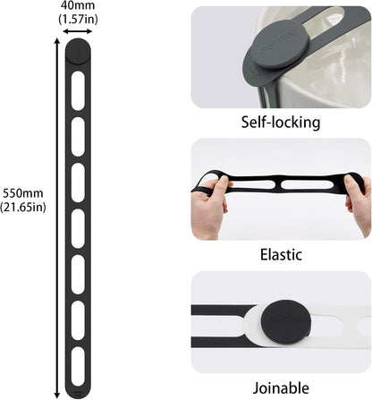 Silicone Latch Strap for Slow Cooker Lid, Pot, Bento Box, 21.65 In Reusable Elastic Self-Lock Silicone Tie for Bundling or Organizing Curtain, Cords, Yoga Mat, Camping Mat, 2pcs (Black&Gray)