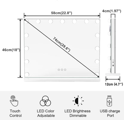 HIEEY Vanity Mirror with Lights, Hollywood Lighted Mirror with 15 Dimmable LED Bulbs, Makeup Mirror with Lights, and 5X Magnification Mirror, 3 Colors Modes,Touch Control, Metal Frame,White