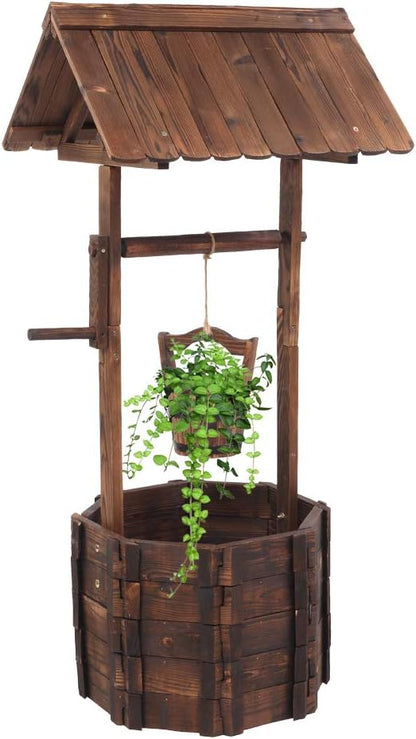 Wooden Wishing Well with Hanging Bucket, Outdoor Rustic Wishing Well Planter for Flowers and Plants, Well Covers for Yard, Garden Decor for Outside
