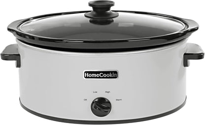 HOMECOOKIN 7 Quart Slow Cooker Oval Manual Pot Food Warmer with 3 Cooking Settings, White Stainless Steel