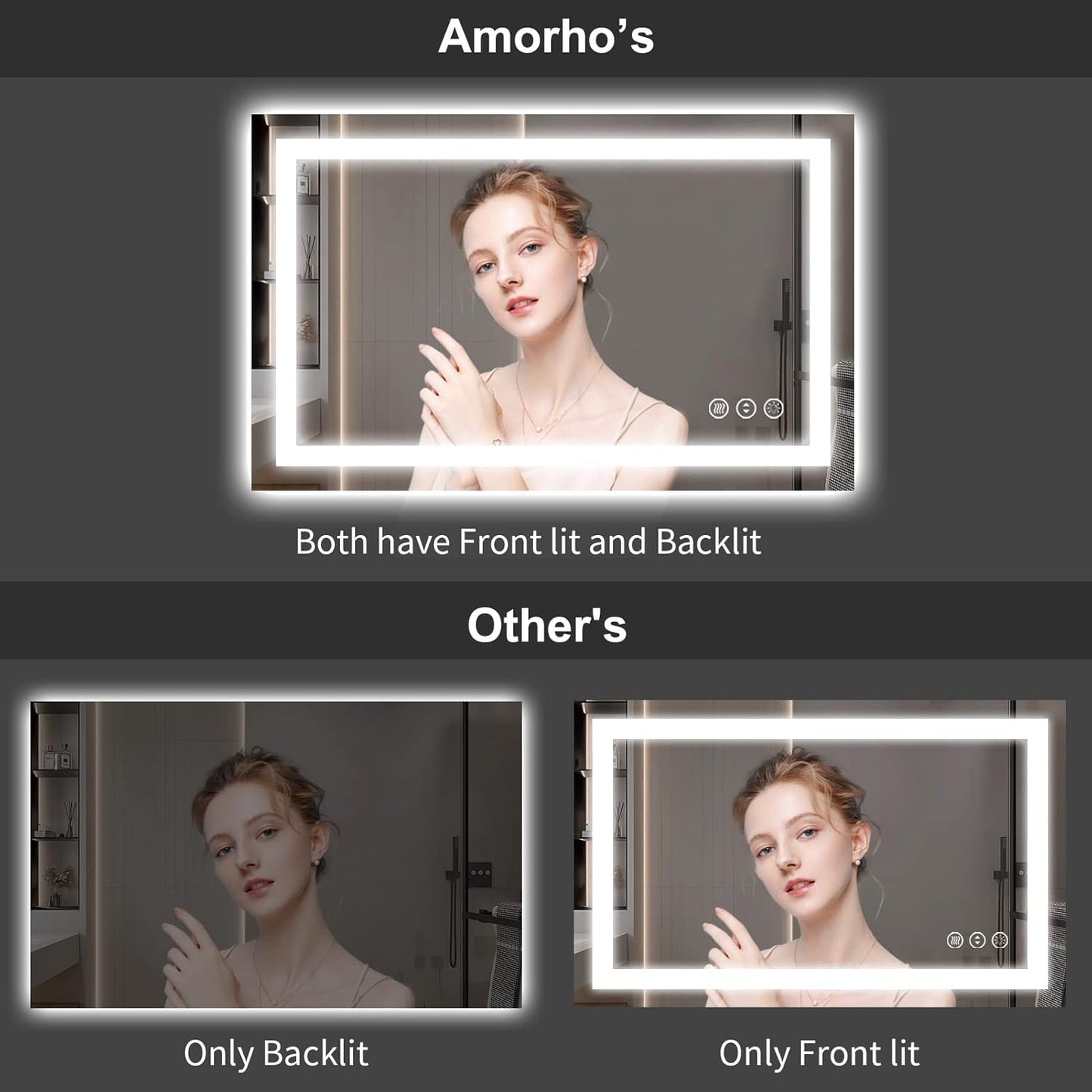 Amorho LED Bathroom Mirror 68"x 36" with Front and Backlight, Stepless Dimmable Vanity Mirrors with Anti-Fog, Shatter-Proof, Memory, 3 Colors, Large Lighted Mirrors for Wall