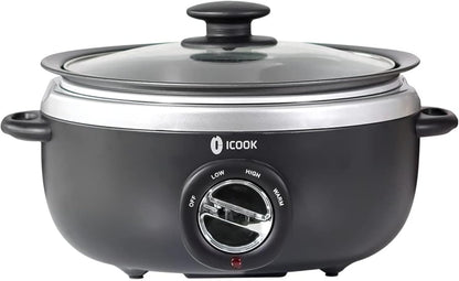 ICOOK 6.5 Quart Slow Cooker, Simmer Pot with Transparent Glass Cover, Cooks Entrees, Adjustable Temp, Sauces, Soups, Roasts, Stews and Dips (Black)