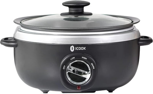 ICOOK 6.5 Quart Slow Cooker, Simmer Pot with Transparent Glass Cover, Cooks Entrees, Adjustable Temp, Sauces, Soups, Roasts, Stews and Dips (Black)