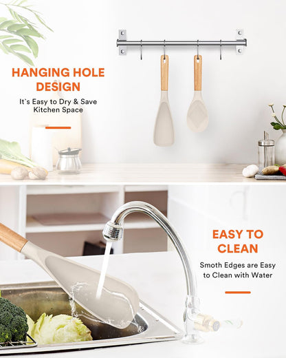 Cooking Spoon and Rice Scooper for Nonstick Cookwares, Great for Cooking and Serving Sturdy BPA-Free Matte Silicone, Wood Handle Spoon for Mixing, Scoop, and Scrape (KHAKI)