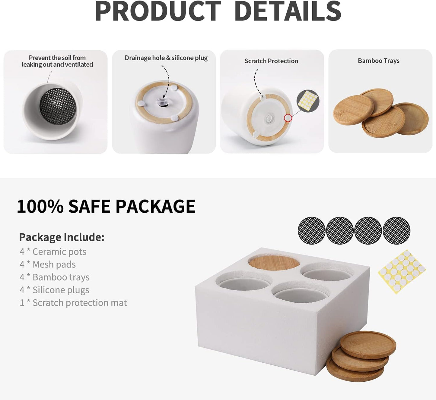 4 Inch Ceramic Plant Pots with Drainage Holes and Trays, Adorable Small Cylinder Flower Planter Pot with Saucers for Indoor Plants, Succulent, Snake Plants, Cactus & Herbs, White, Set of 4