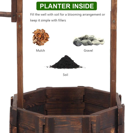 Wooden Wishing Well with Hanging Bucket, Outdoor Rustic Wishing Well Planter for Flowers and Plants, Well Covers for Yard, Garden Decor for Outside