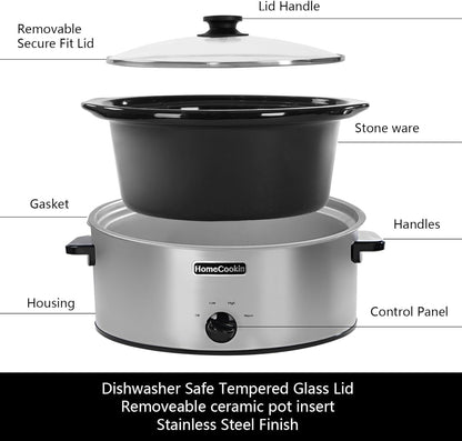 HOMECOOKIN 8 Quart Slow Cooker Oval Manual Pot Food Warmer with 3 Cooking Settings, Stainless Steel