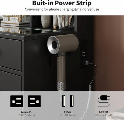 Vanity with Power Outlet, Vanity Desk with Mirror and 10 LED Lights, 10 Drawers Makeup Vanity with 6 Shelves, Fold-up Panel, Dressing Table for Bedroom, Black