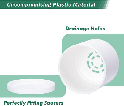 D'vine Dev 2 Pack 4.5 Inch Modern Plastic Plant Pots, Small Garden Planters for Plant with Drainage Holes and Saucers, White Color, 74-Z-F-1