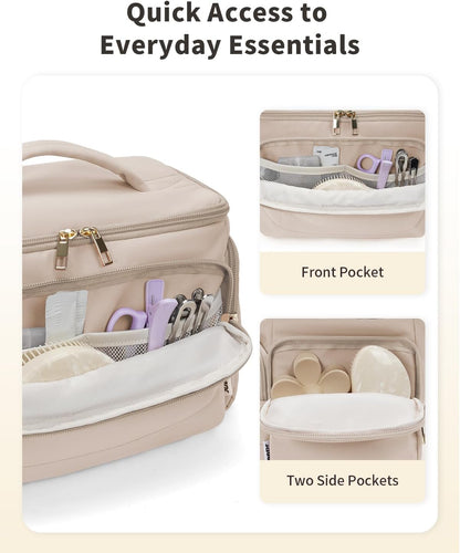 WANDF Travel Toiletry Bag for Women, Wide-open Large Makeup Bag with Handle, Puffy Makeup Organizer for Toiletries, Cosmetics, Accessories, Essentials (Light Khaki)