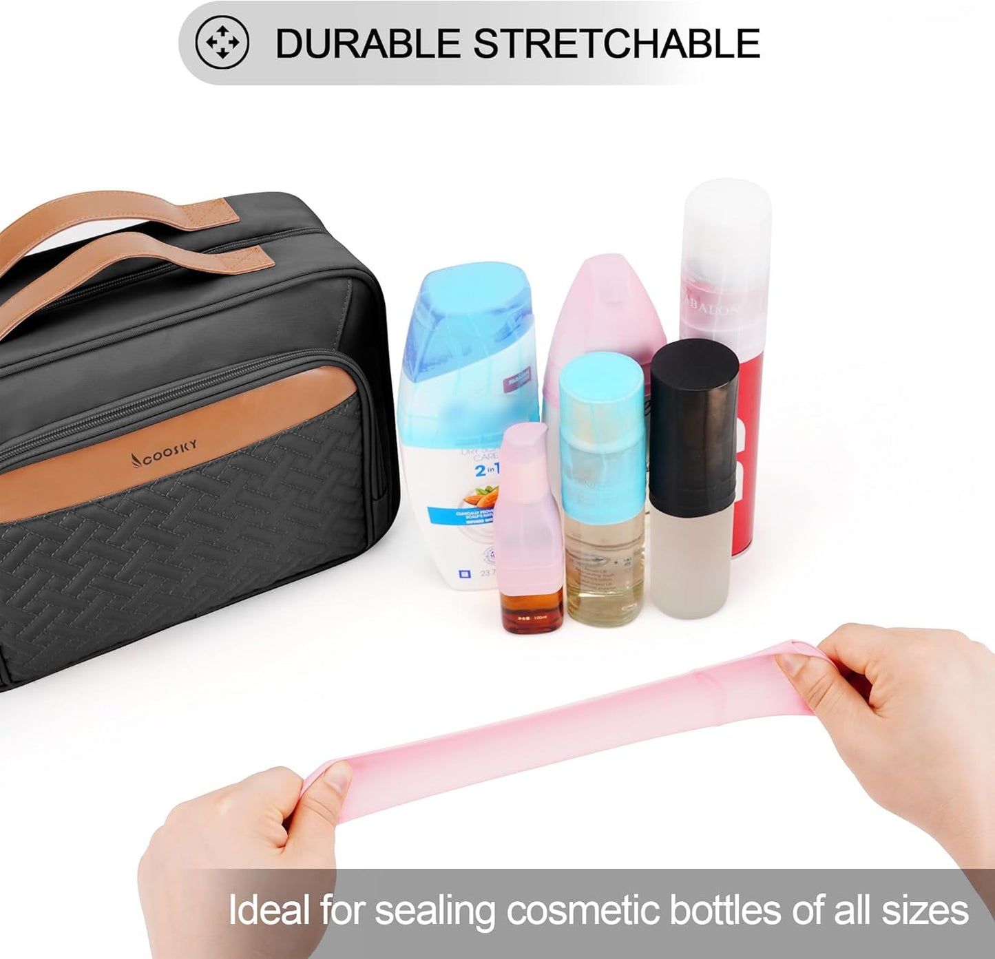 Travel Hanging Toiletry Bag for Women and Men, with 8 Leak Proofing Silicone Bottle Covers, Waterproof Makeup Accessories, Cosmetic Essentials, Cruise Ship Toiletries Bag with Jewelry Organizer, Black