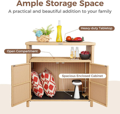 Grand patio Outdoor Storage Cabinet with Walnut Wood Tabletop Weatherproof Wicker Buffet Cabinet 2-Door Wicker Sideboard for Garden Patio Poolside Beige