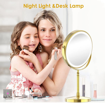 Lighted Makeup Mirror, 3000 mAh Rechargeable Double Sided Magnifying Vanity Mirror with 3 Colors, 1x/10x, 360° Rotation , Brightness Adjustable Magnification Cosmetic Light up Mirror, Women Gift