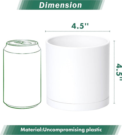 D'vine Dev 2 Pack 4.5 Inch Modern Plastic Plant Pots, Small Garden Planters for Plant with Drainage Holes and Saucers, White Color, 74-Z-F-1