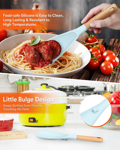 Cooking Spoon and Rice Scooper for Nonstick Cookwares, Great for Cooking and Serving Sturdy BPA-Free Matte Silicone, Wood Handle Spoon for Mixing, Scoop, and Scrape (BLUE)