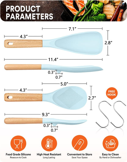 Cooking Spoon and Rice Scooper for Nonstick Cookwares, Great for Cooking and Serving Sturdy BPA-Free Matte Silicone, Wood Handle Spoon for Mixing, Scoop, and Scrape (BLUE)