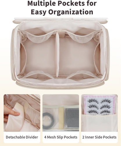 WANDF Travel Toiletry Bag for Women, Wide-open Large Makeup Bag with Handle, Puffy Makeup Organizer for Toiletries, Cosmetics, Accessories, Essentials (Light Khaki)