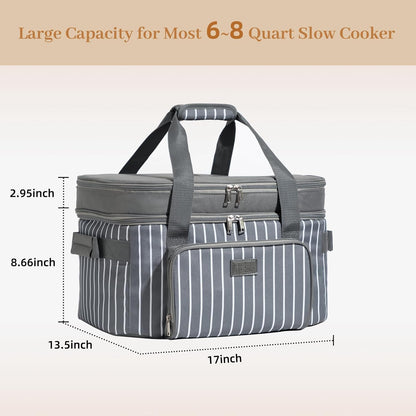 Fun Elements Double Layer Slow Cooker Carrier Bag for 6-8 Quart Oval Crock-Pot, Insulated Crock Pot Travel Bag with Support Pad and Adjustable Straps, Top Zip Compartment and Front Pocket for Utensils