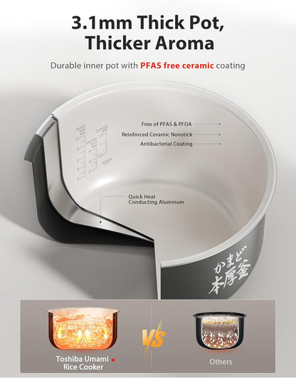 TOSHIBA Umami Smart Rice Cooker 10-Cup Uncooked, Fuzzy Logic, 15-in-1 Functions, Digital Display, Delay Timer, Keep Warm, Nonstick Inner Pot, White