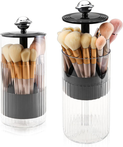 DASITON Makeup Brush Holder with Lid, Automatic Lifting Makeup Organizer for Vanity, 4 Slots Clear Makeup Brush Organizer, Dustproof Cosmetic Brushes Storage for Bathroom, Desktop, Office (Black)
