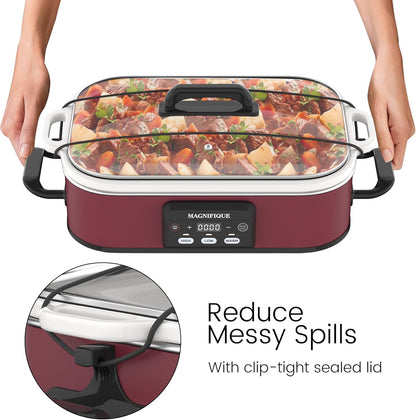 4 Quart Casserole Programmable Slow Cooker with Ceramic Baking Dish - Perfect Kitchen Small Appliance for Family Dinners, Oven Safe and Durable Bakeware for Lasagna, Roasts (Red)