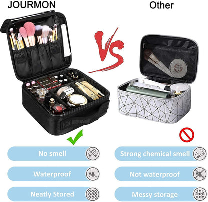 JOURMON Travel Makeup Bag, Large Capacity Cosmetic Train Case for Women Portable Pouch Open Flat Artist Brushes Toiletry Jewelry Digital Organizer Storage Bag with Adjustable Dividers (Black,S)