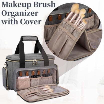 Large Makeup Bag, Portable Travel Makeup Bag Organizer for Women Girls with 2 Removable Pouches & Detachable Dividers, Cosmetic Travel Bag, Toiletry Bag for Makeup and Hair Supplies Grey