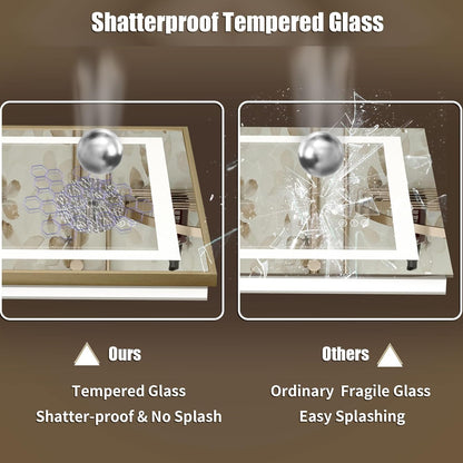 OKPAL 48x32 Gold LED Mirror for Bathroom with Frontlit & Backlit, Metal Framed Lighted Bathroom Mirror with Lights, Anti-Fog, Dimmable 3 Colors, Shatterproof, Horizontal/Vertical