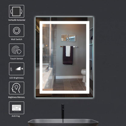 Amorho LED Bathroom Mirror 24"x 36" with Front and Backlight, Stepless Dimmable Wall Mirrors with Anti-Fog, Shatter-Proof, Memory, 3 Colors, Double LED Vanity Mirror(Horizontal/Vertical)