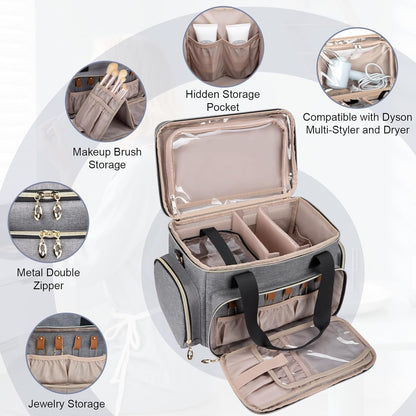 Large Makeup Bag, Portable Travel Makeup Bag Organizer for Women Girls with 2 Removable Pouches & Detachable Dividers, Cosmetic Travel Bag, Toiletry Bag for Makeup and Hair Supplies Grey