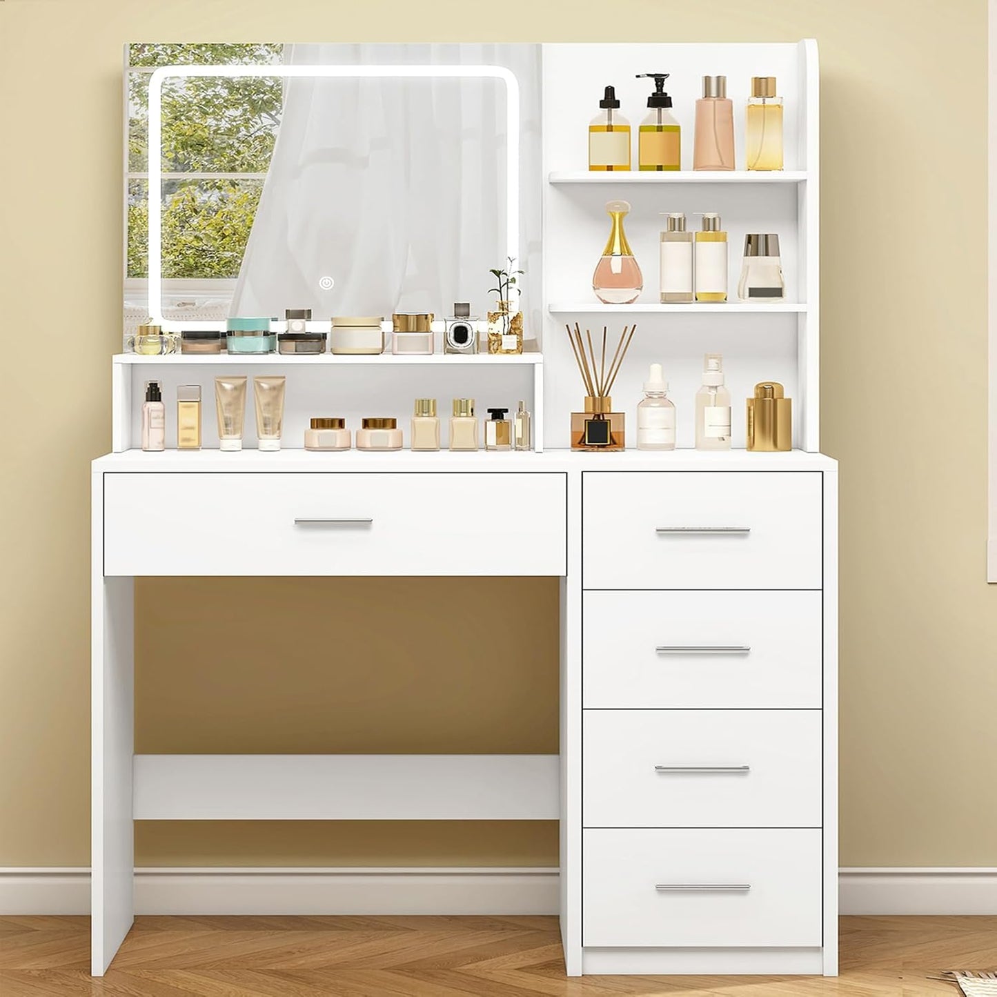 Quimoo Makeup Vanity Desk with LIighted Mirror, Vanity Desk with 5 Drawers & Storage Shelves, Vanity Table, 3 Color Modes & Adjustable Brightness Dressing Table, Bedroom