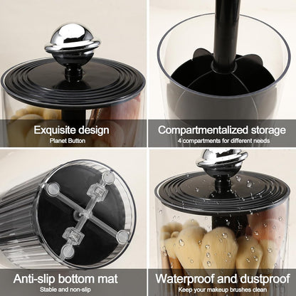 DASITON Makeup Brush Holder with Lid, Automatic Lifting Makeup Organizer for Vanity, 4 Slots Clear Makeup Brush Organizer, Dustproof Cosmetic Brushes Storage for Bathroom, Desktop, Office (Black)