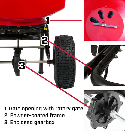 Chapin 8303C Made in the USA 100 lb. Contractor Turf Broadcast Spreader with Enclosed Gears System, Rugged Powder Coated Steel Frame, 12 Inch Tire, Includes Rain Cover and Grate, Red