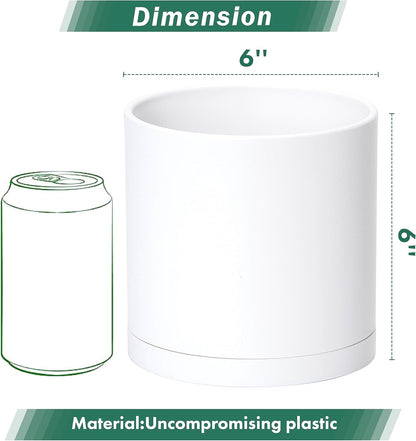 D'vine Dev 2 Pack 6 Inch Modern Plastic Plant Pots, Small Garden Planters for Plant with Drainage Holes and Saucers, White Color, 74-Z-J-1