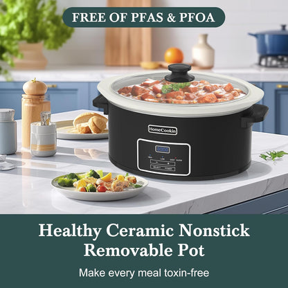 HOMECOOKIN 7-Quart Programmable Slow Cooker with Timer Keep Warm - Small Kitchen Appliance for Family Dinners - Serves 6+ People (Black)