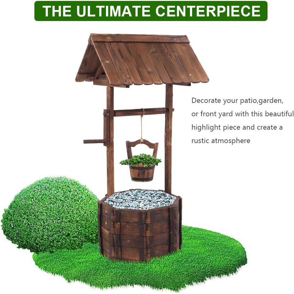 Wooden Wishing Well with Hanging Bucket, Outdoor Rustic Wishing Well Planter for Flowers and Plants, Well Covers for Yard, Garden Decor for Outside